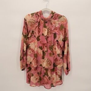 Bebop Floral Sheer Blouse Mock Neck Long Sleeve Pink Green Women’s XS